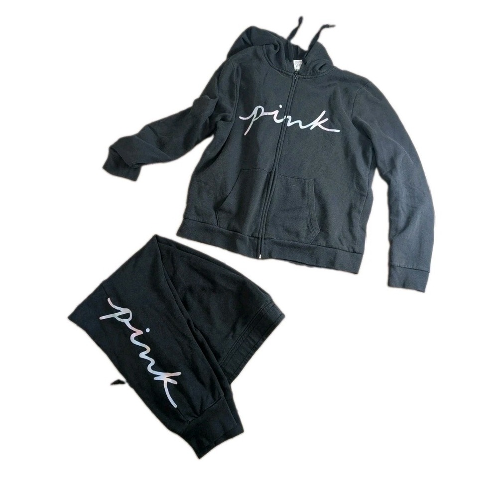 Y2K Inspo Victoria's Secret PINK Black Hoodie Jogger Set Women's L/XL Full Zip